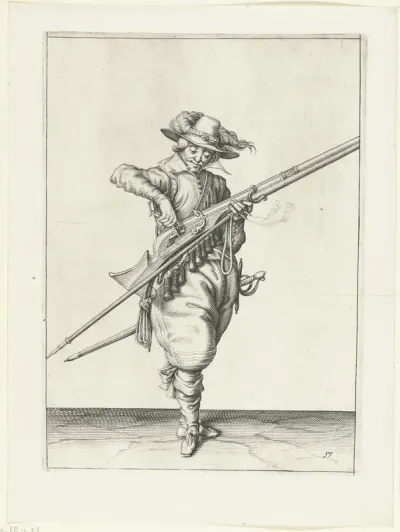 Soldaat die kruit in de pan van zijn musket giet