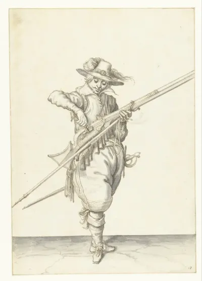 Soldaat die kruit in de pan van zijn musket giet
