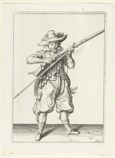 Soldaat die kruit van zijn musket blaast