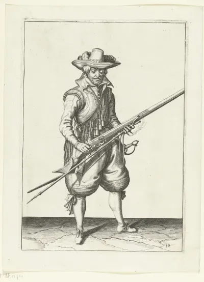 Soldaat die kruit van zijn musket schudt