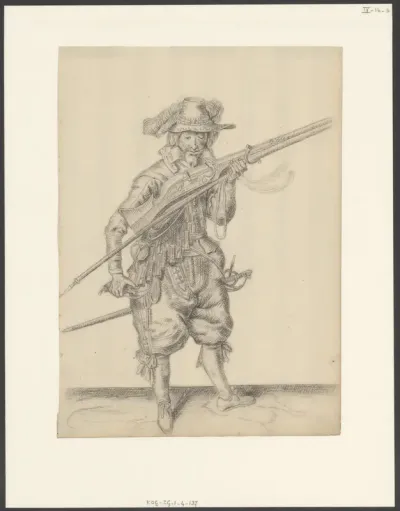Soldaat die vonken wegblaast van de pan van zijn musket