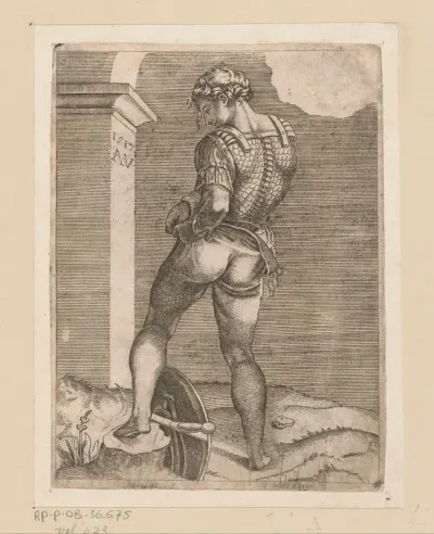 Soldaat die zijn broek aan zijn kuras bevestigt