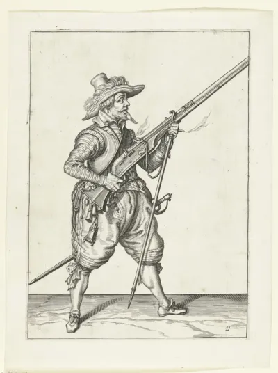 Soldaat die zijn furket onder zijn musket plaatst