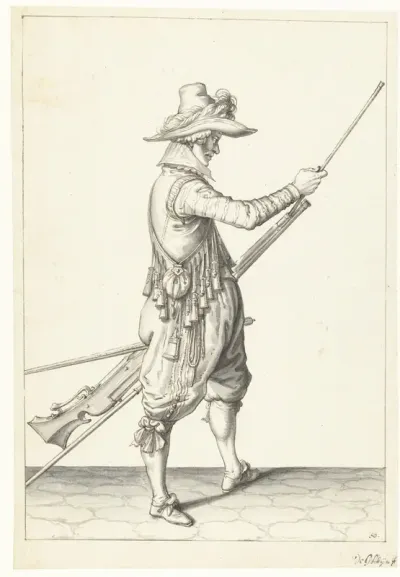 Soldaat die zijn laadstok in de houder onder de loop van zijn musket schuift