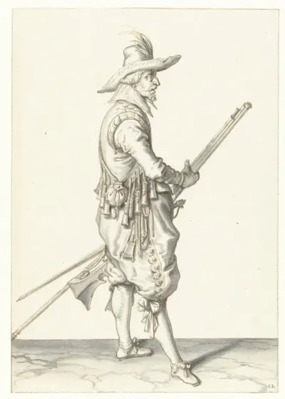 Soldaat die zijn musket met beide handen bij zijn linkerdijbeen vasthoudt