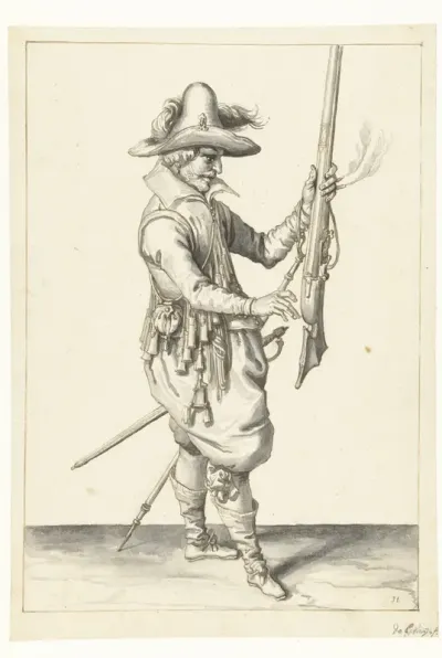 Soldaat die zijn musket met zijn linkerhand rechtop vasthoudt