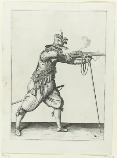Soldaat die zijn musket, steunend op zijn furket, afvuurt