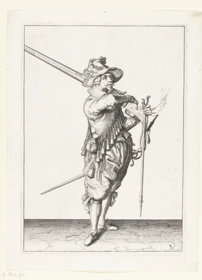 Soldaat die zijn musket van zijn schouder neemt
