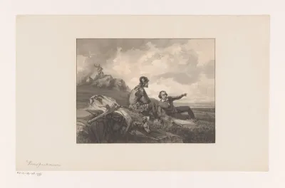 Soldaat en burgerman in een landschap