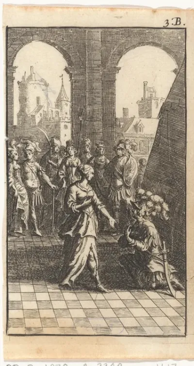 Soldaat knielt voor een vrouw in een loggia