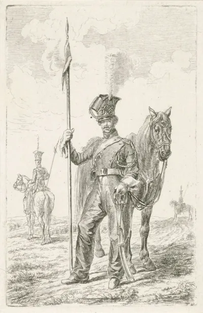 Soldaat met een lans naast zijn paard