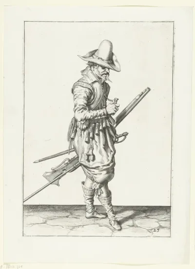Soldaat met een musket die een kruitmaat opent