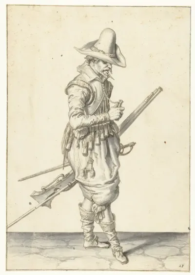 Soldaat met een musket die een kruitmaat opent