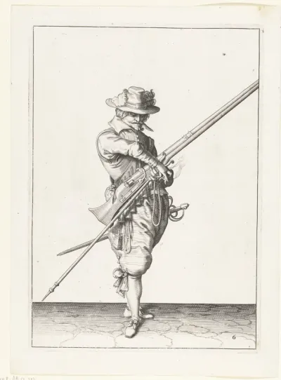 Soldaat met een musket die zijn lont pakt
