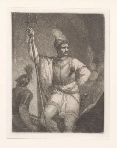 Soldaat met hellebaard en helm