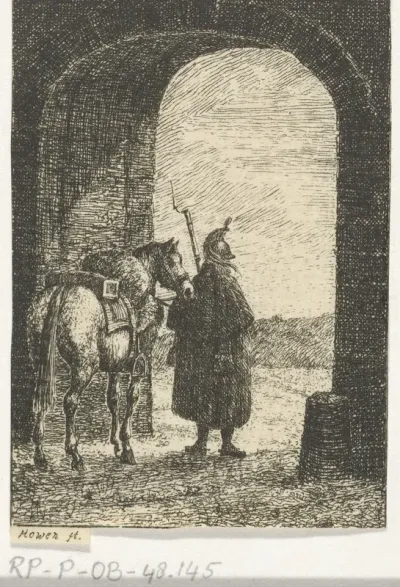 Soldaat met paard in een poort