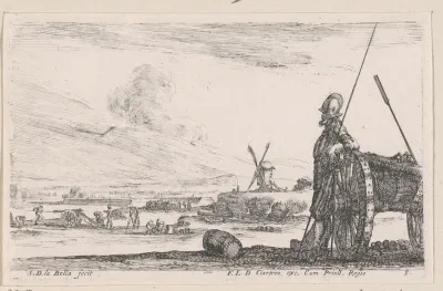 Soldaat met speer leunend tegen een kar