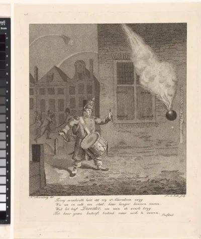Soldaat met trommel schrikt van kanonskogel tijdens beleg van Deventer door de Fransen in 1813