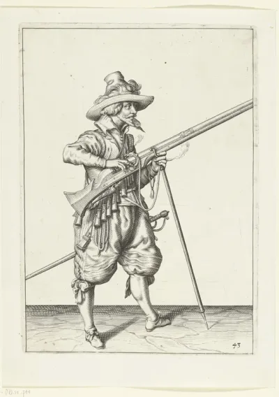 Soldaat op wacht die de pan van zijn musket met twee vingers bedekt tegen vonken