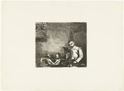 Soldaat zit aan tafel met wapenrusting en leest boek