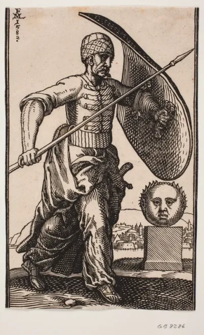 Soldat gående mod h.; på v. arm et krumt skjold, i h. hånd en lanse; t.h. en sokkel med et kuglerundt, frontalt set hoved; i det fjerne bag hovedet en by ved vandet
