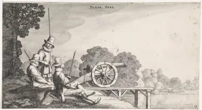 Soldaten bij een kanon op een steiger aan een rivier