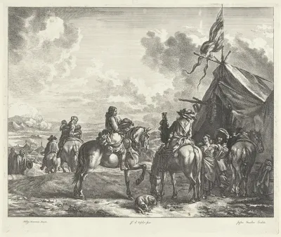 Soldaten bij een tent met vaandel, pul en krans