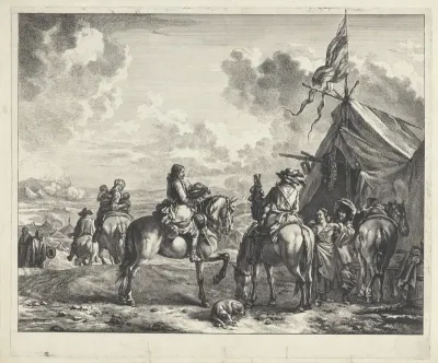 Soldaten bij een tent met vaandel, pul en krans
