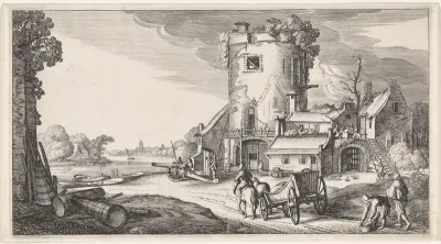 Soldaten bij een toren in een rivierlandschap