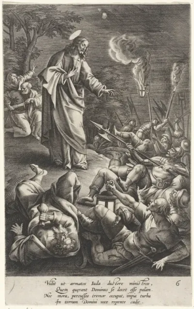 Soldaten die Christus omsingelen vallen op de grond
