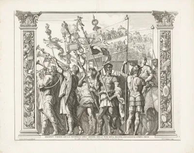 Soldaten dragen spandoeken met de heldendaden van Caesar