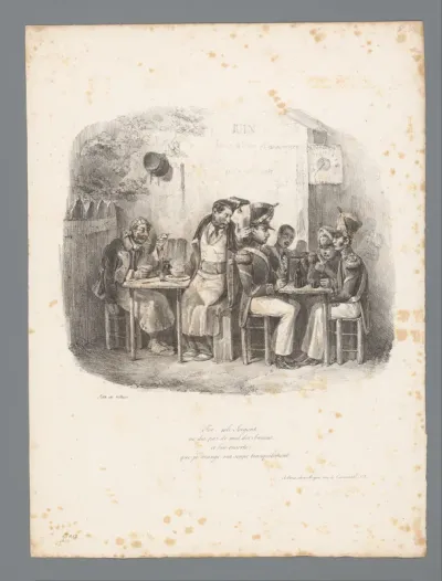 Soldaten en mannen zittend aan tafel met eten en drinken