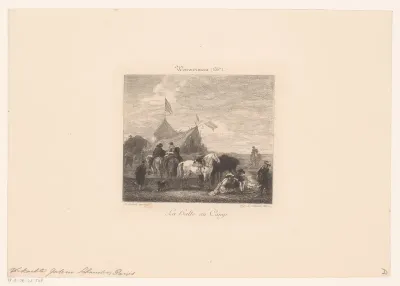Soldaten en reizigers voor een tent