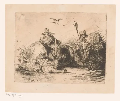 Soldaten in het veld bij kanonnen