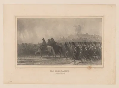 Soldaten lopen volgzaam achter Napoleon Bonaparte aan