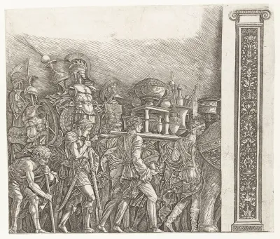 Soldaten met oorlogstrofeeën in triomftocht van Caesar en pilaster
