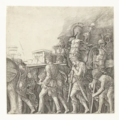 Soldaten met oorlogstrofeeën in triomftocht van Caesar