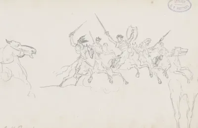 Soldaten met opgeheven wapens op galopperende paarden