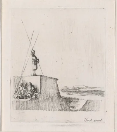 Soldaten met speren op borstwering, uitkijkend over een landschap