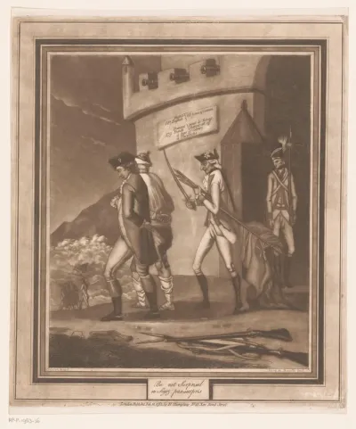 Soldaten met twee gevangenen bij toren