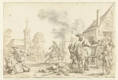Soldaten plunderen een dorp