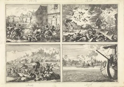 Soldaten strijden tegen katholieke studenten tijdens een oproer te Krakau, 1647 / Ontploffing van de kruittoren te Delft, 1654 / Aken brandt terwijl inwoners vluchten, 1656 / Schip van stuurman Ewoud Drouwert voor de monding van de Maas met in de ver