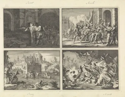 Soldaten te Breisach begaan een ongeluk door met vuur in een kelder met buskruit te komen, 1638 / Te Bremen dringen Luthersen tegen het verbod van de raad de Dom binnen terwijl de wacht de wapens neerlegt, 1638 / Hoog water tijdens het beleg van Wolf