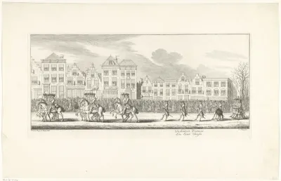 Soldaten te paard en de Zwitserse Garde in de lijkstoet van Anna van Hannover te Delft, 1759