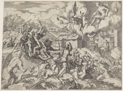 Soldaten van Aeneas vechten met dienaren van koning Latinus