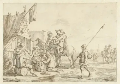 Soldaten voor een herberg