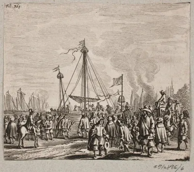 Soldater på en strand; skibe for sejl i baggrunden