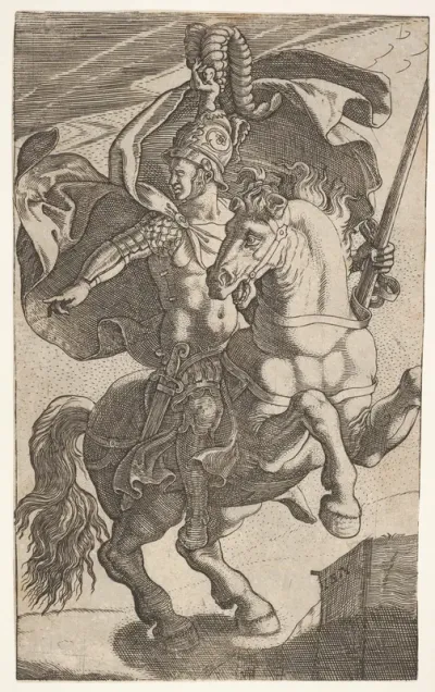 Soldier riding a rearing horse and wearing feathered helmet, cuirass, pteruges, and greaves, the soldier looks and points to his right