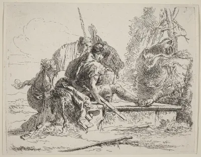 Soldier Seated on a Tomb with Surrounding Figures