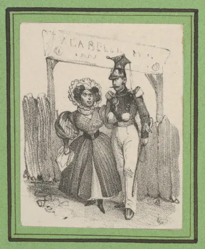 Soldier with a woman on his arm in front of a wodden gate